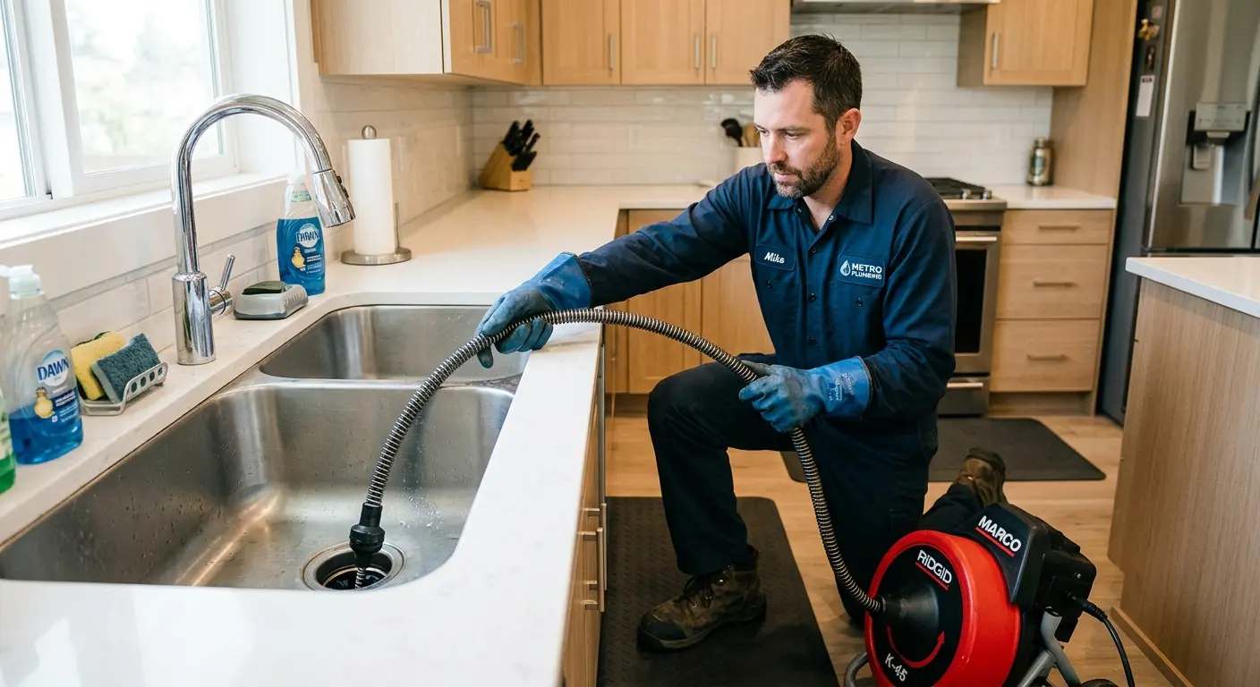 Drain cleaning technician using a motorized snake on a kitchen sink in Alpena