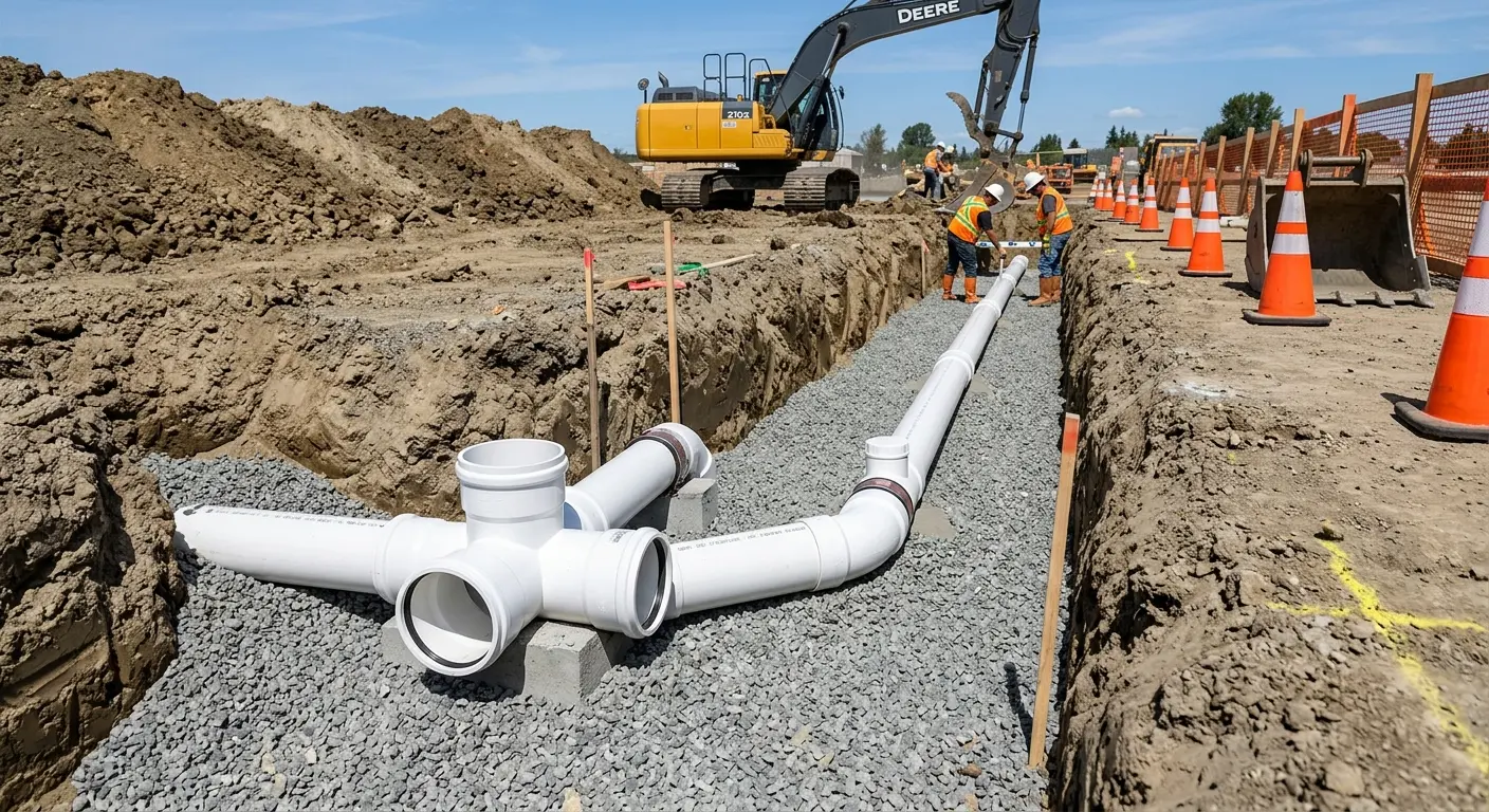 New PVC sewer pipe installation in open trench for Grease Trap Cleaning in Alpena