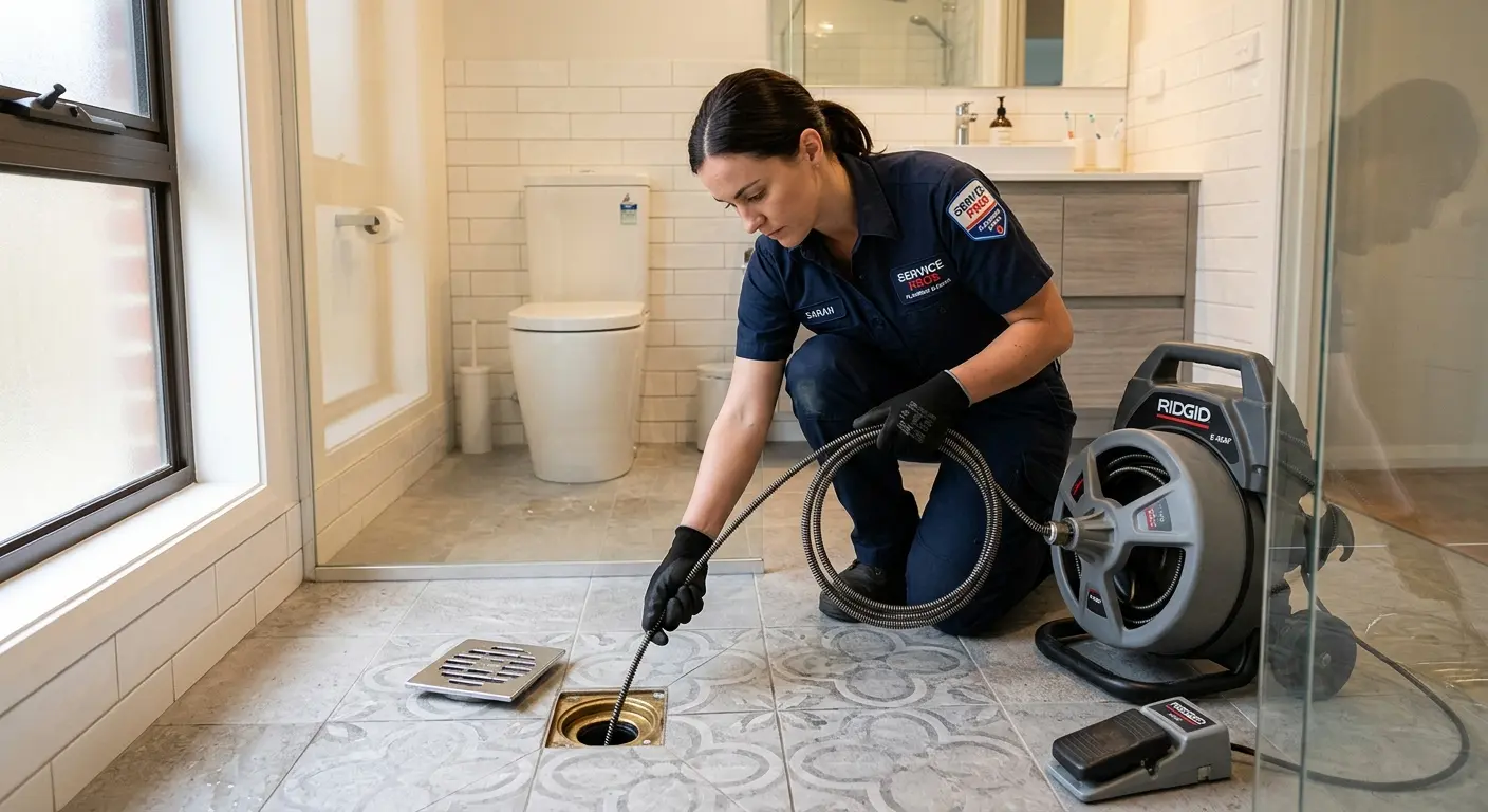 Technician clearing a bathroom floor drain for Clogged Drain Repair in Alpena